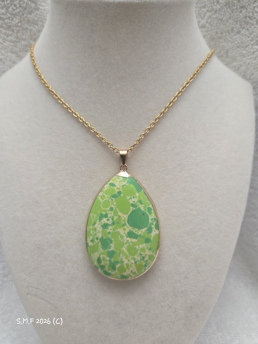 Green Imperial Jasper Pendant (#3) w/24" Chain-ION Plated Yellow Gold